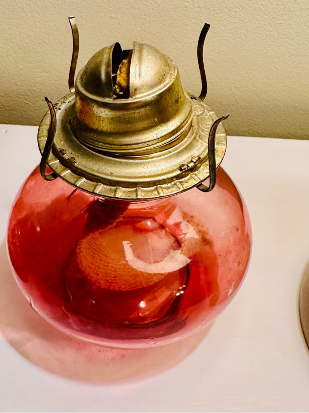 Vintage Style Glass Oil Lamp - Red Glass with Brass Accent